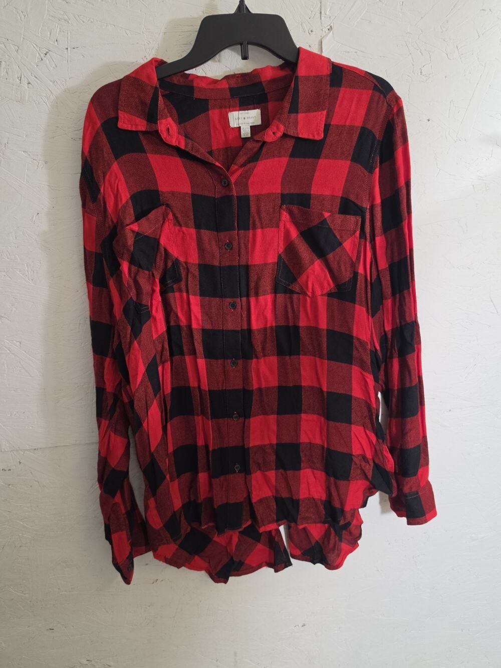 Lucky Brand Women's Red Abd Black Plaid Flannel Tunic Size XL with Buttons